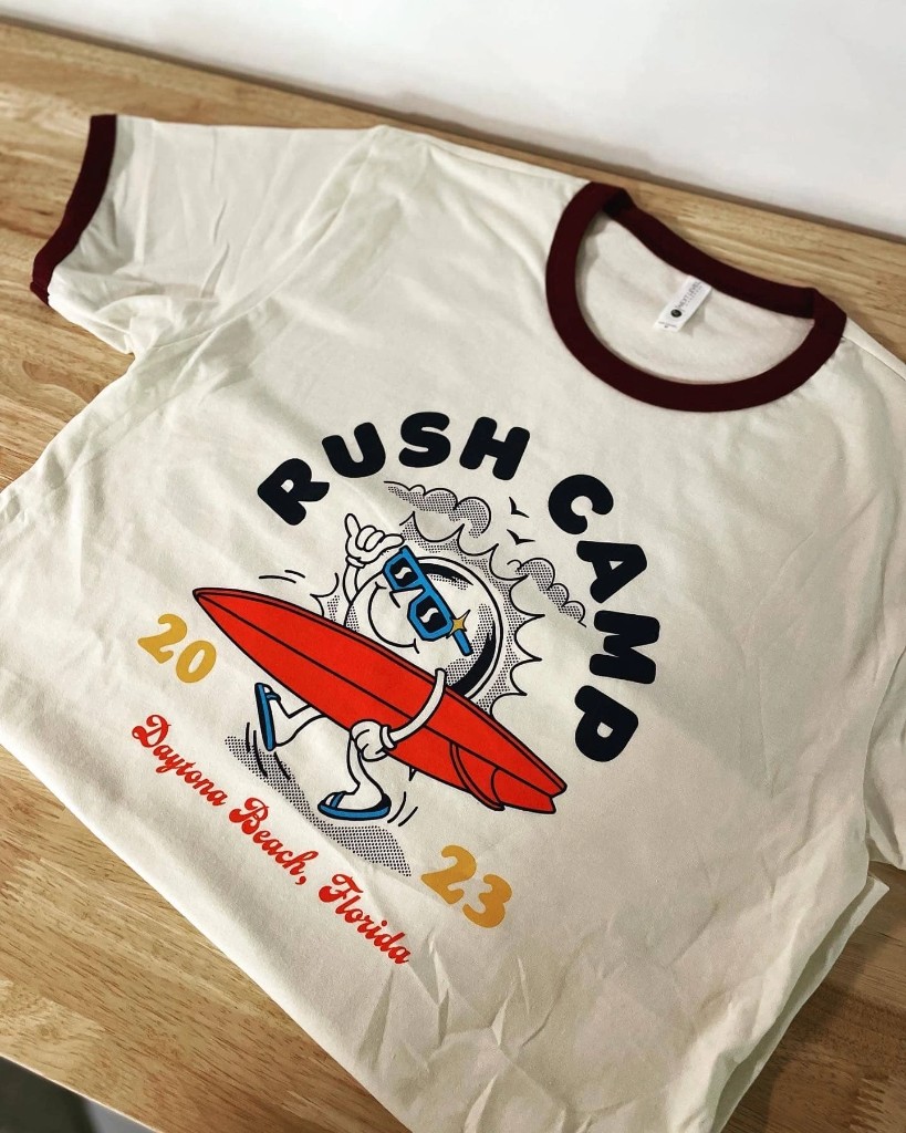 Rush Camp 2023 Daytona Beach surfer ringer tee